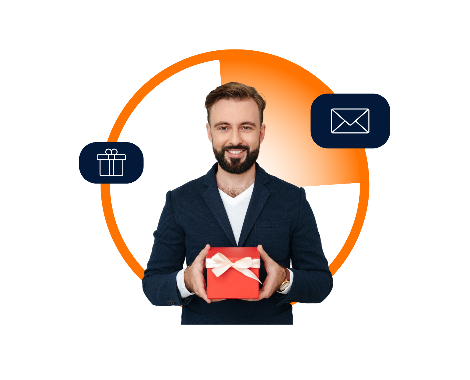 liente sonriente recibiendo un regalo, gestionado con una factura de regalo (cortesía comercial) para transparencia contable y fiscal.